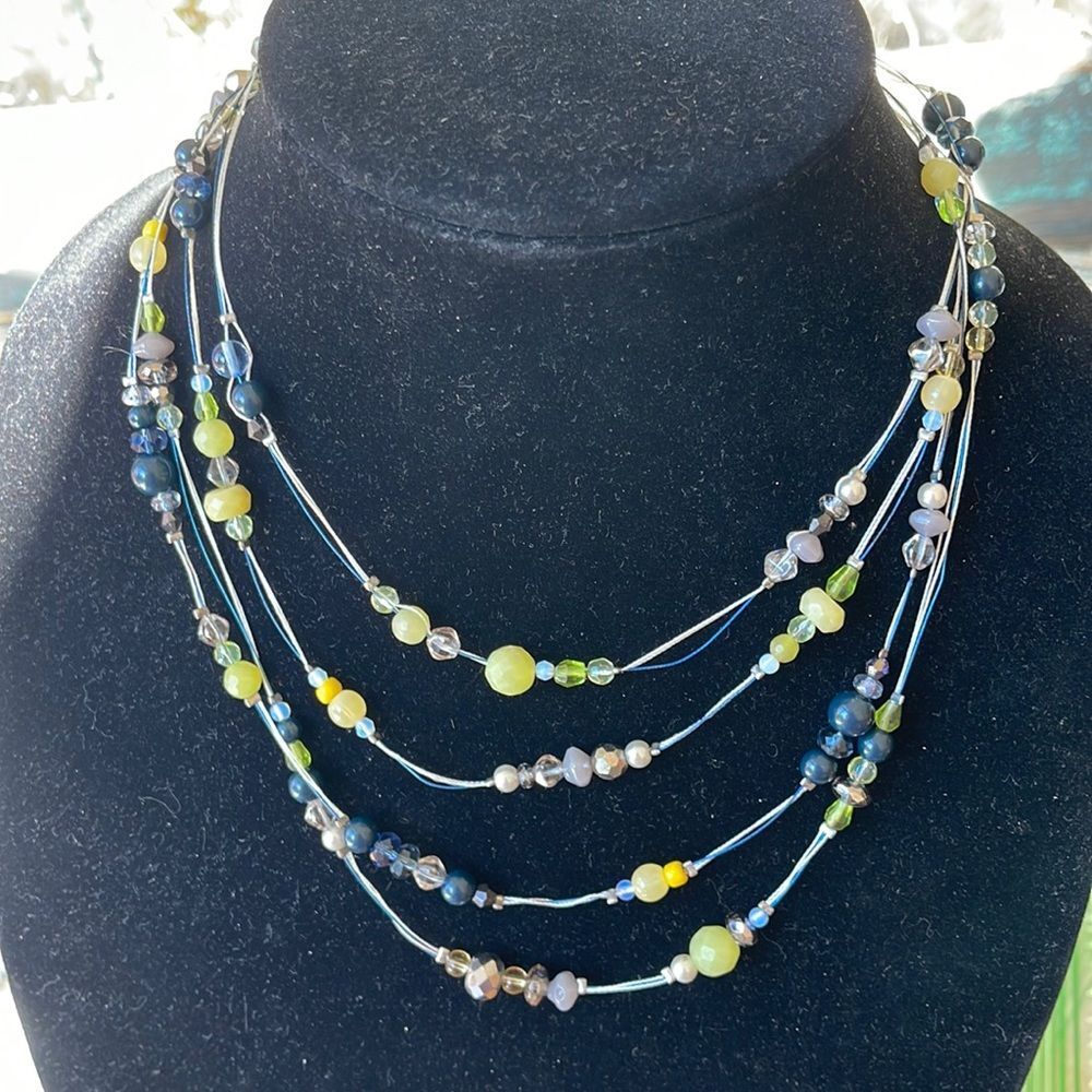 Chico’s Floating Necklace Green Yellow Black Multi Strand Beaded Silver Tone